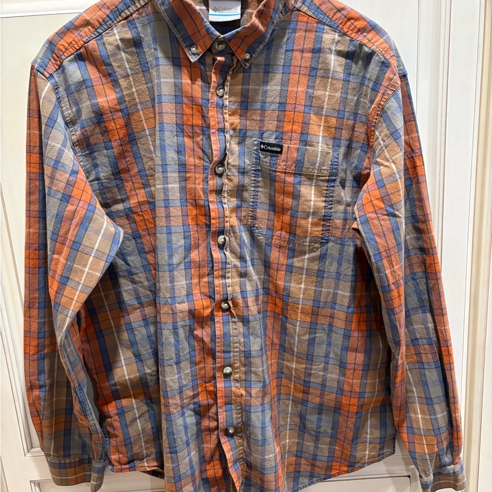 Columbia Men's Casual Plaid Shirt - Orange and Blue